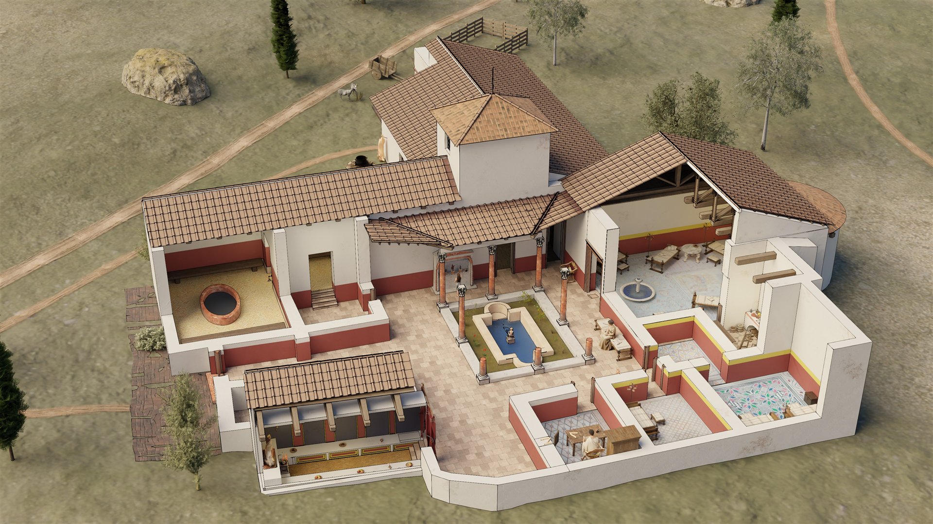 Vista seccionada de la Villa del Mitra, con sus estancias y patio central